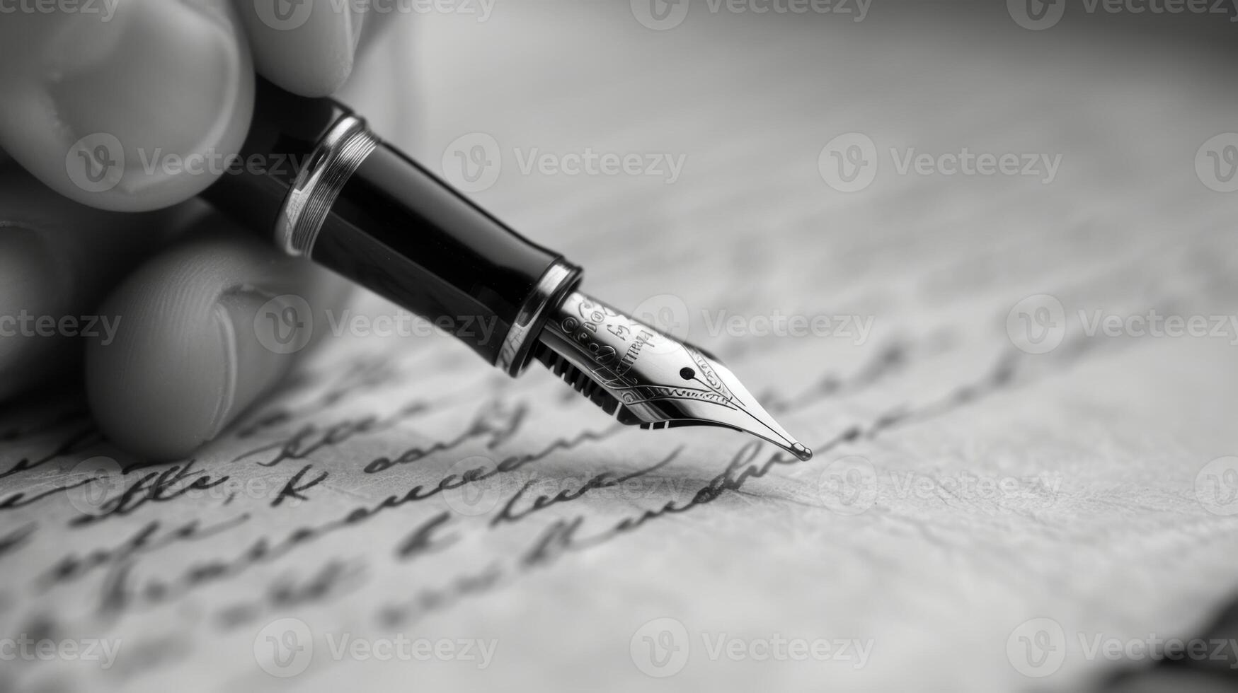 A vintagestyle black and white image of a hand writing with a classic fountain pen on a piece of parchment paper photo