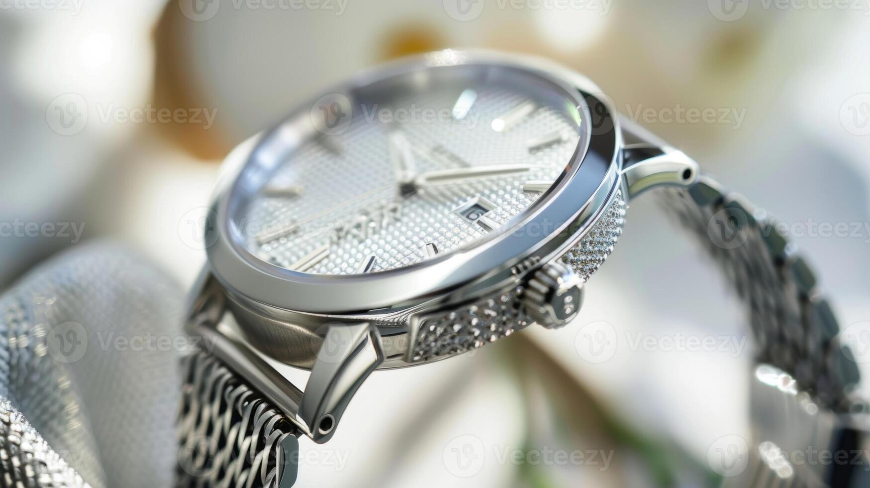 A traditional roundfaced watch with a silver mesh band adorned with intricate detailing on the bezel. This classic timepiece is the epitome of refined sophistication photo