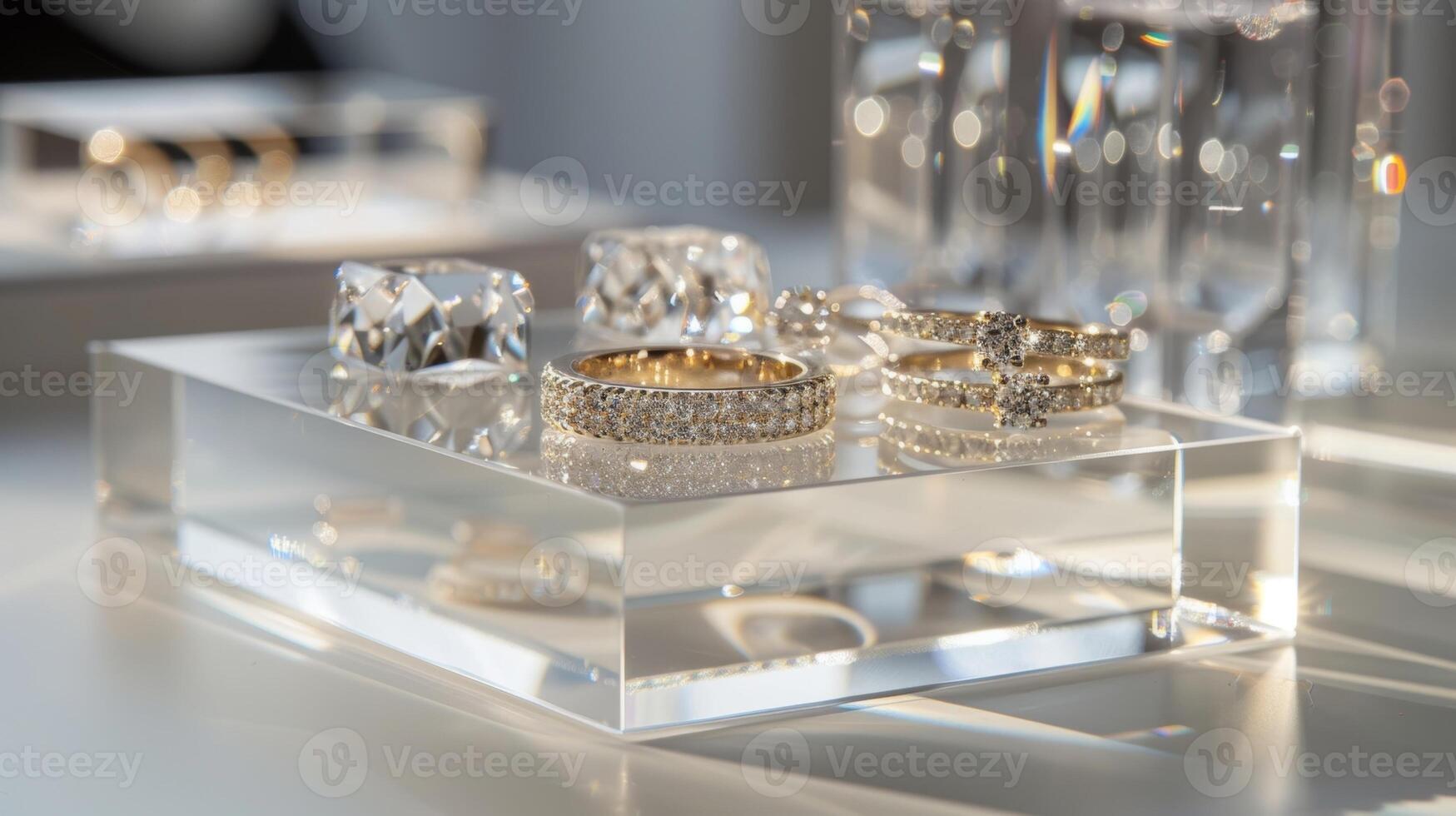 A minimalist jewelry box made of clear crystal displaying a sophisticated selection of delicate diamond studs and solitaire rings photo