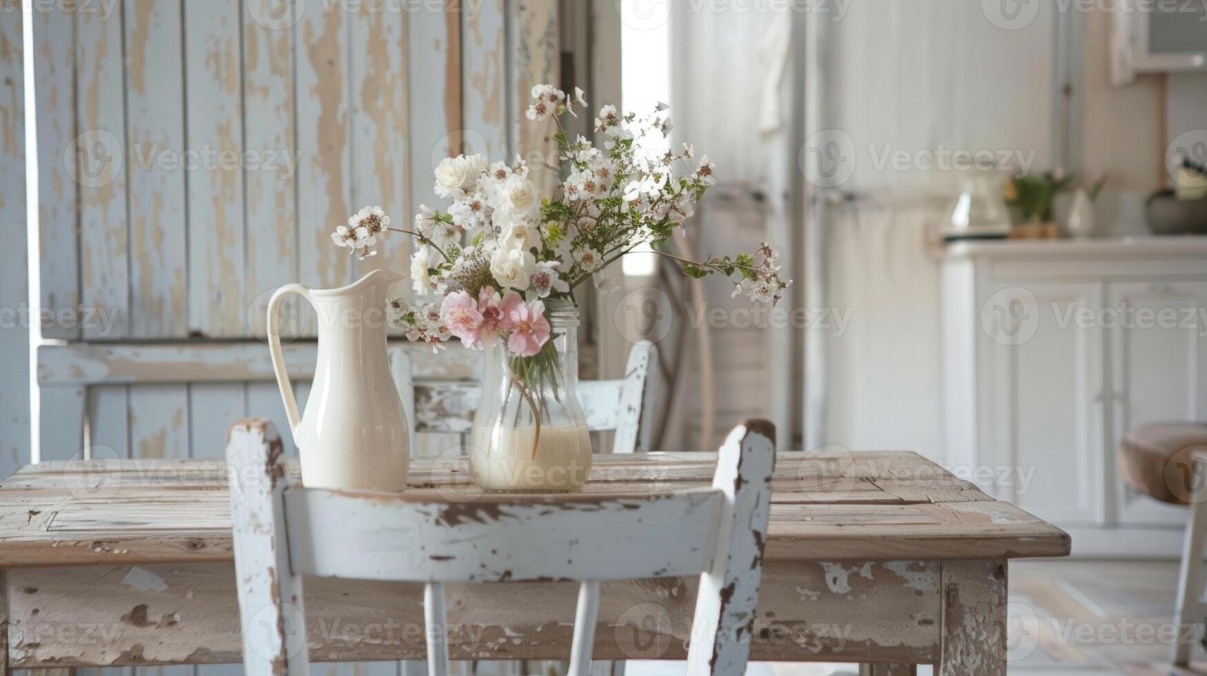 A charming vintageinspired dining space with whitewashed walls a distressed wooden dining set and an oldfashioned milk jug turned floral centerpiece photo