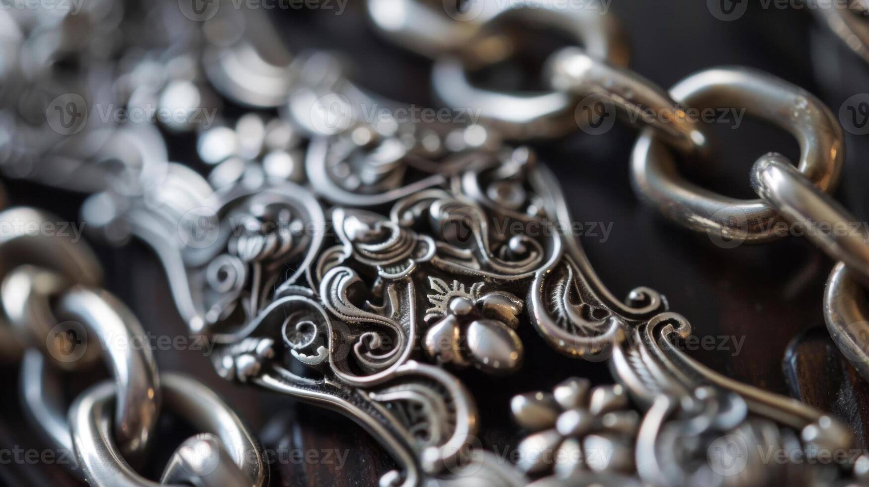 A detailed image of a silver antique watch chain adorned with delicate filigree and ornate clasps photo