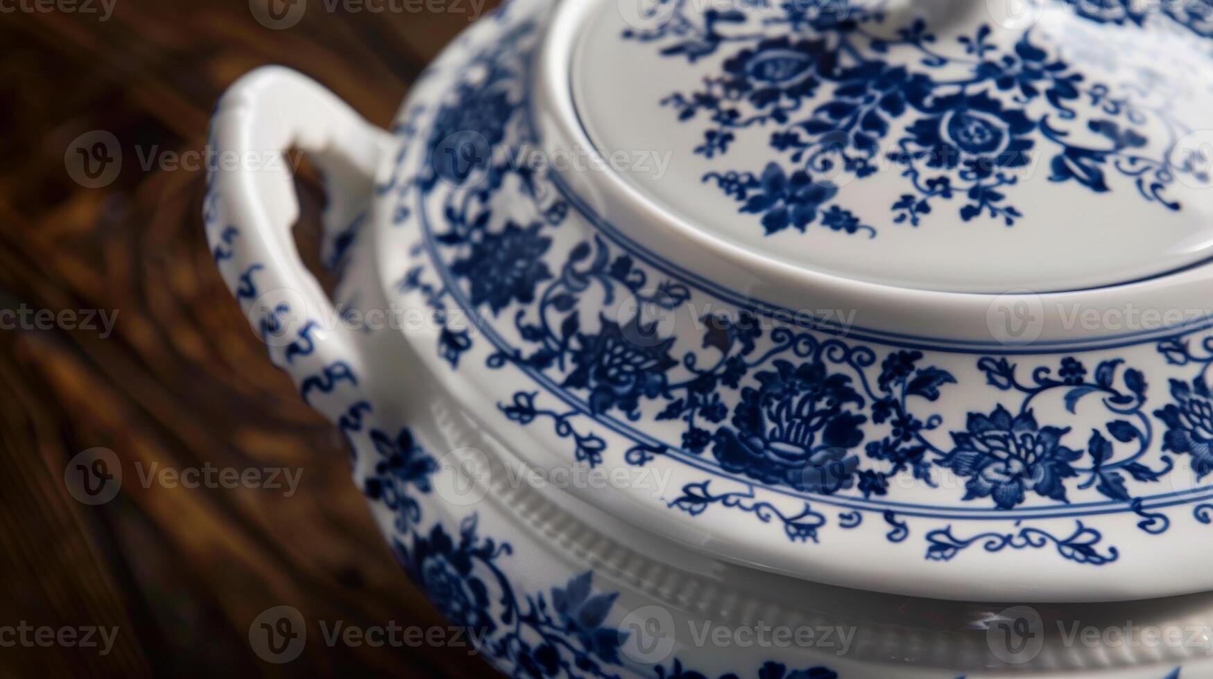 A vintage fine china tureen adorned with traditional blue and white patterns perfect for serving hearty soups and stews at a special dinner gathering photo