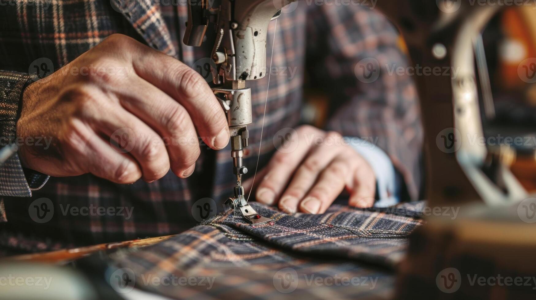 The gentle whir of a sewing machine can be heard as a meticulous tailor handcrafts a bespoke suit with care photo