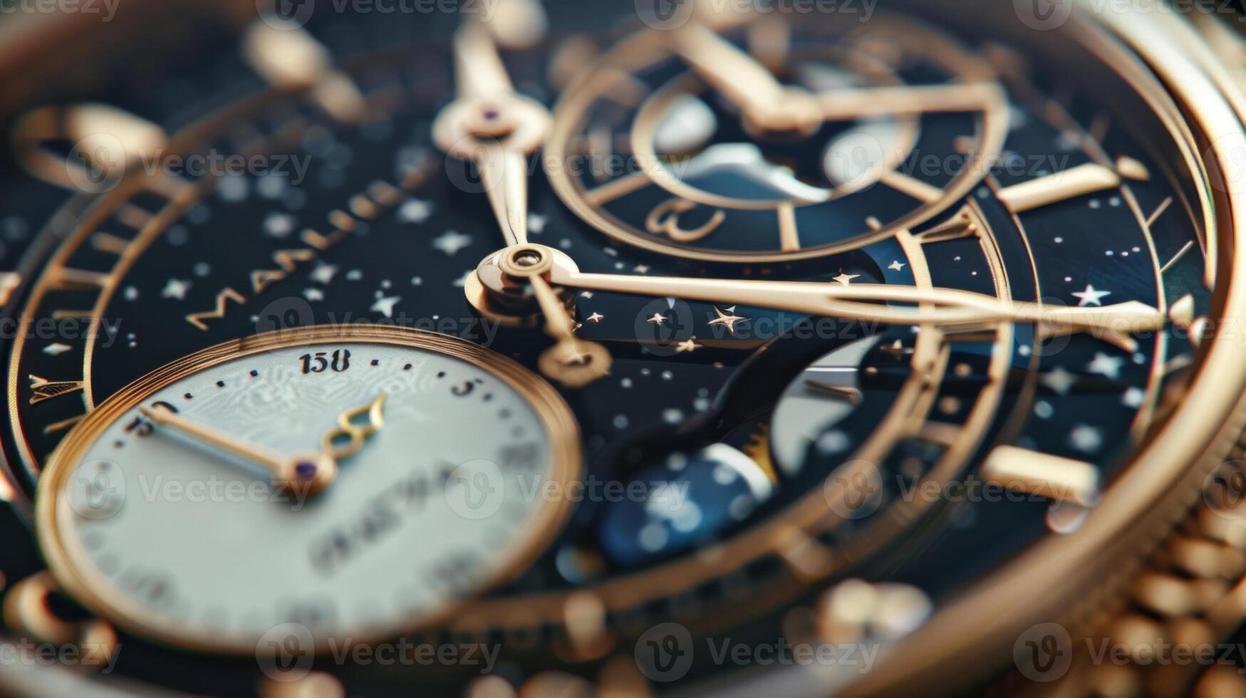 A closeup of a vintage watch face featuring a moon phase complication capturing the beauty and precision of traditional watchmaking photo