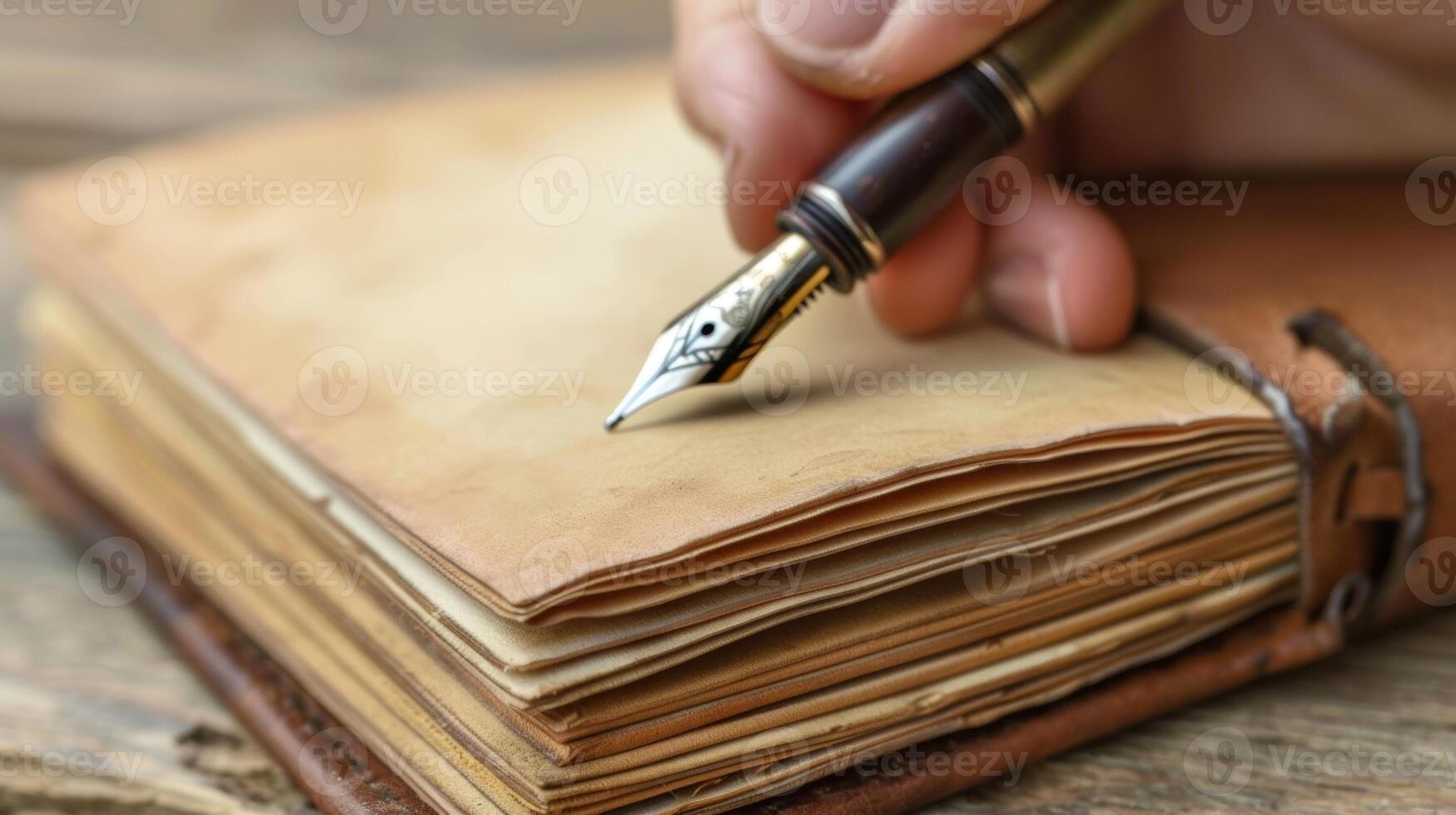 A nostalgic image of a hand holding a vintage fountain pen writing on a yellowed page from a leatherbound journal photo
