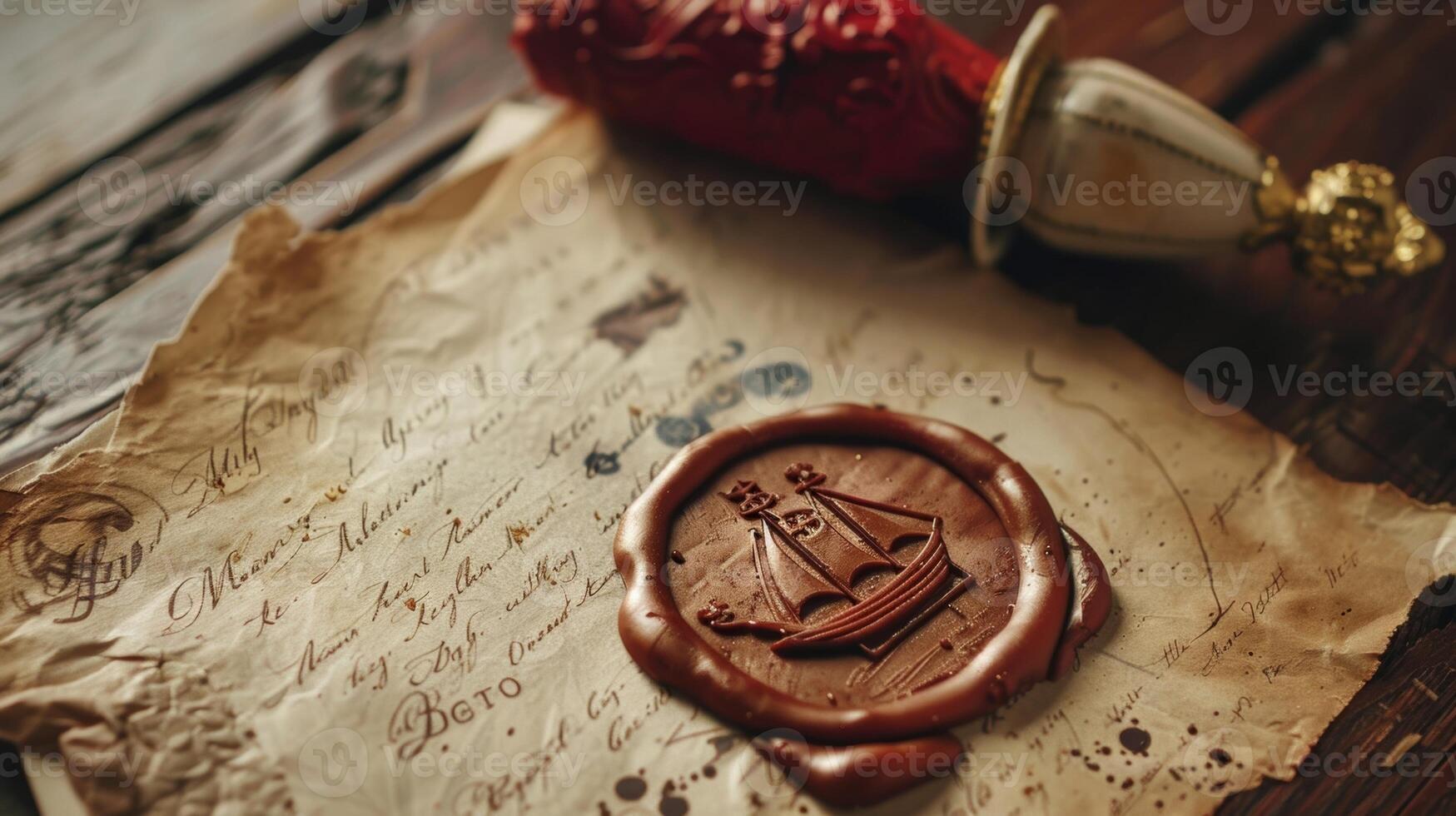 A lavish invitation sealed with a wax emblem of a sailing ship and a crown inviting the elite to a grand ball at a prestigious country estate photo