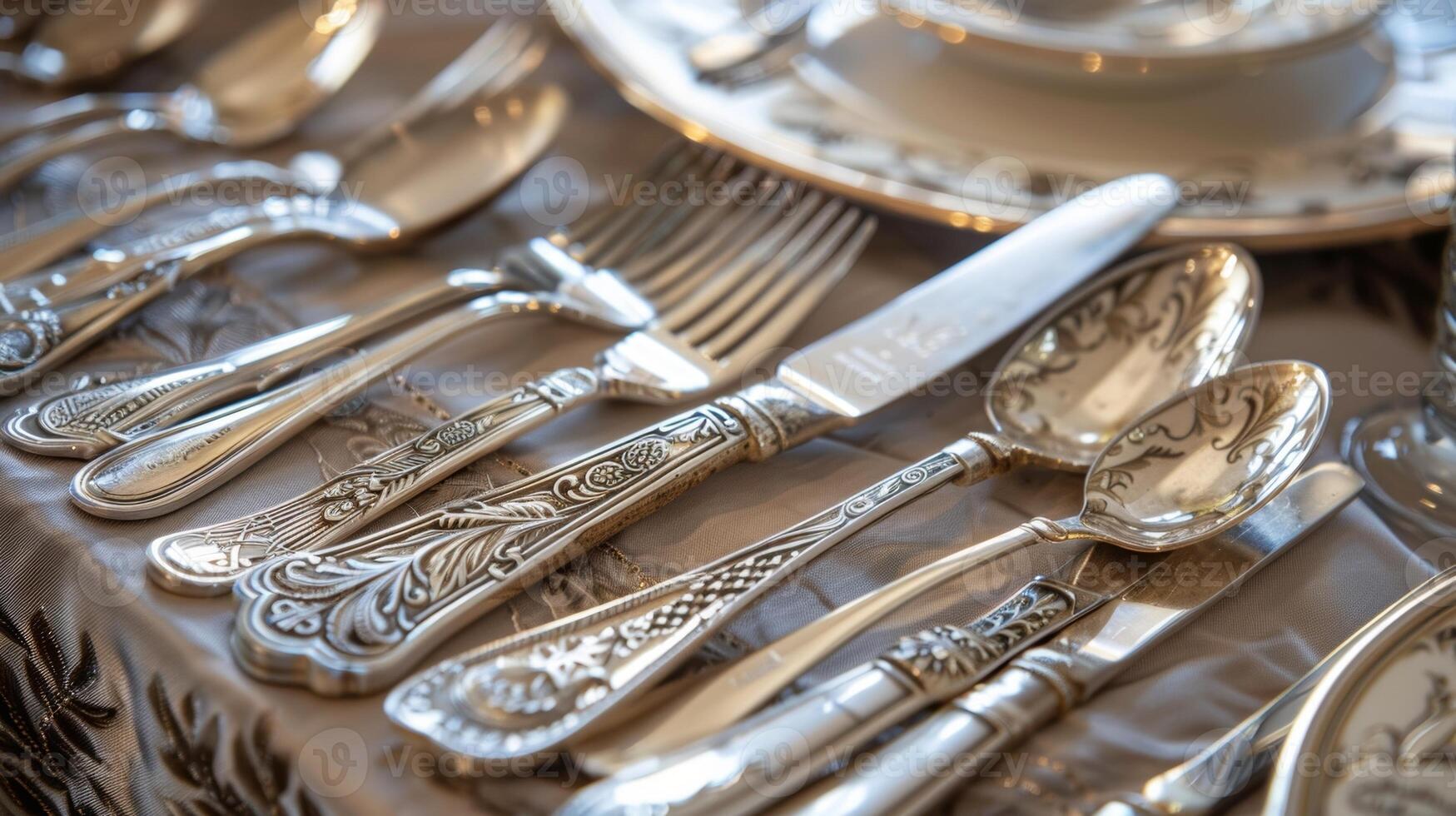 A set of antique silverware engraved with a delicate crest and elaborate monogram used for lavish dinners and social gatherings in high society photo