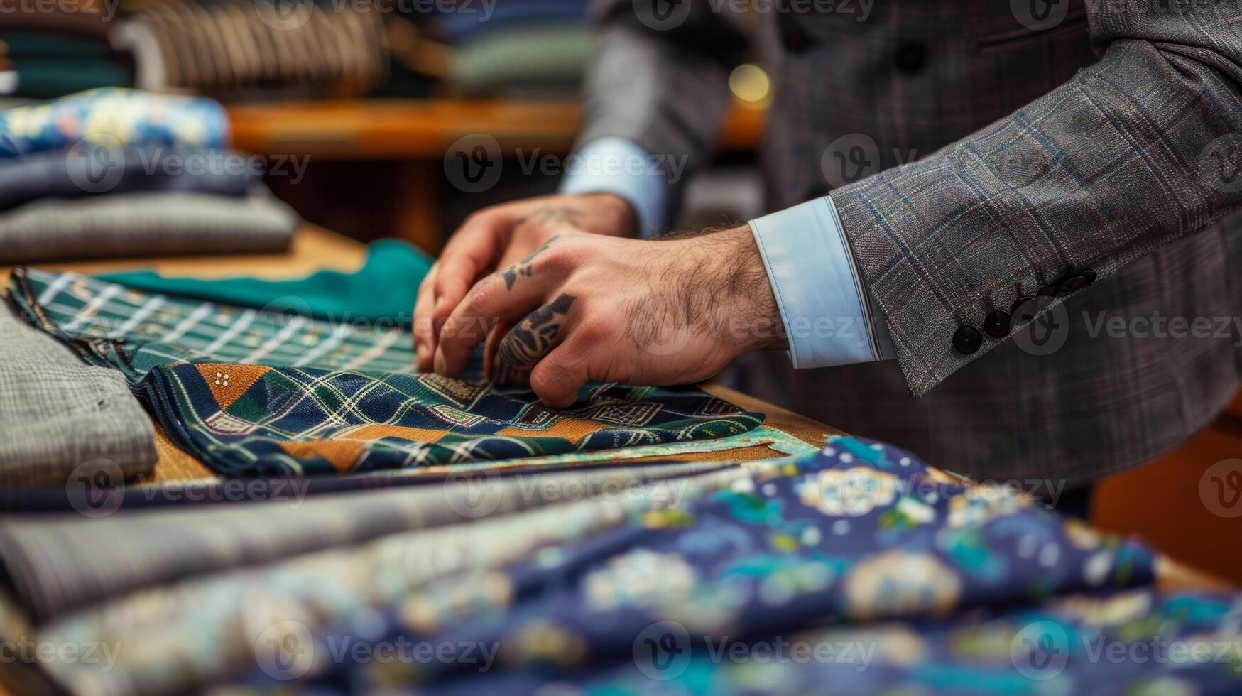 Custom patterns and fabric swatches are laid out on a ting table as a tailor chooses the perfect combination for a bespoke suit photo