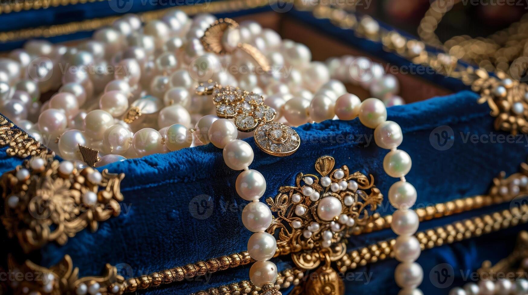 A regal jewelry box made of royal blue velvet and adorned with a gold crest containing a variety of elegant pearl strands and chandelier earrings photo