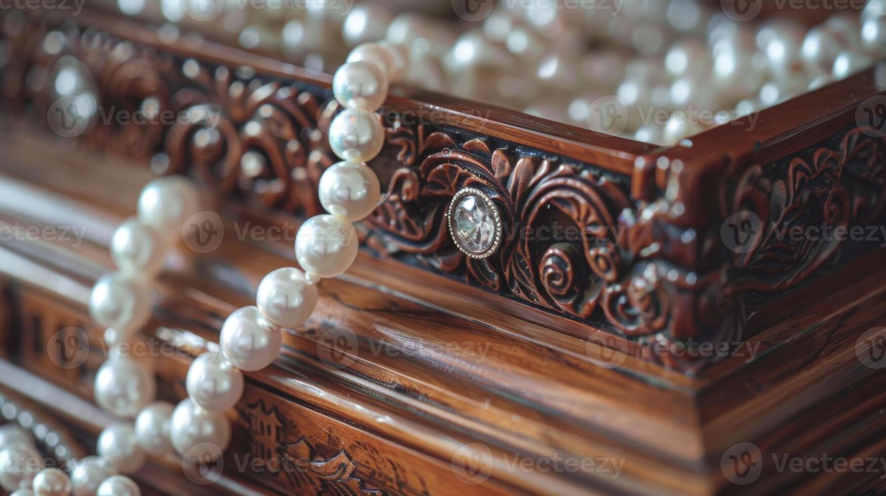 A polished wooden jewelry box with intricate carvings encasing a collection of delicate pearls and sparkling diamonds photo