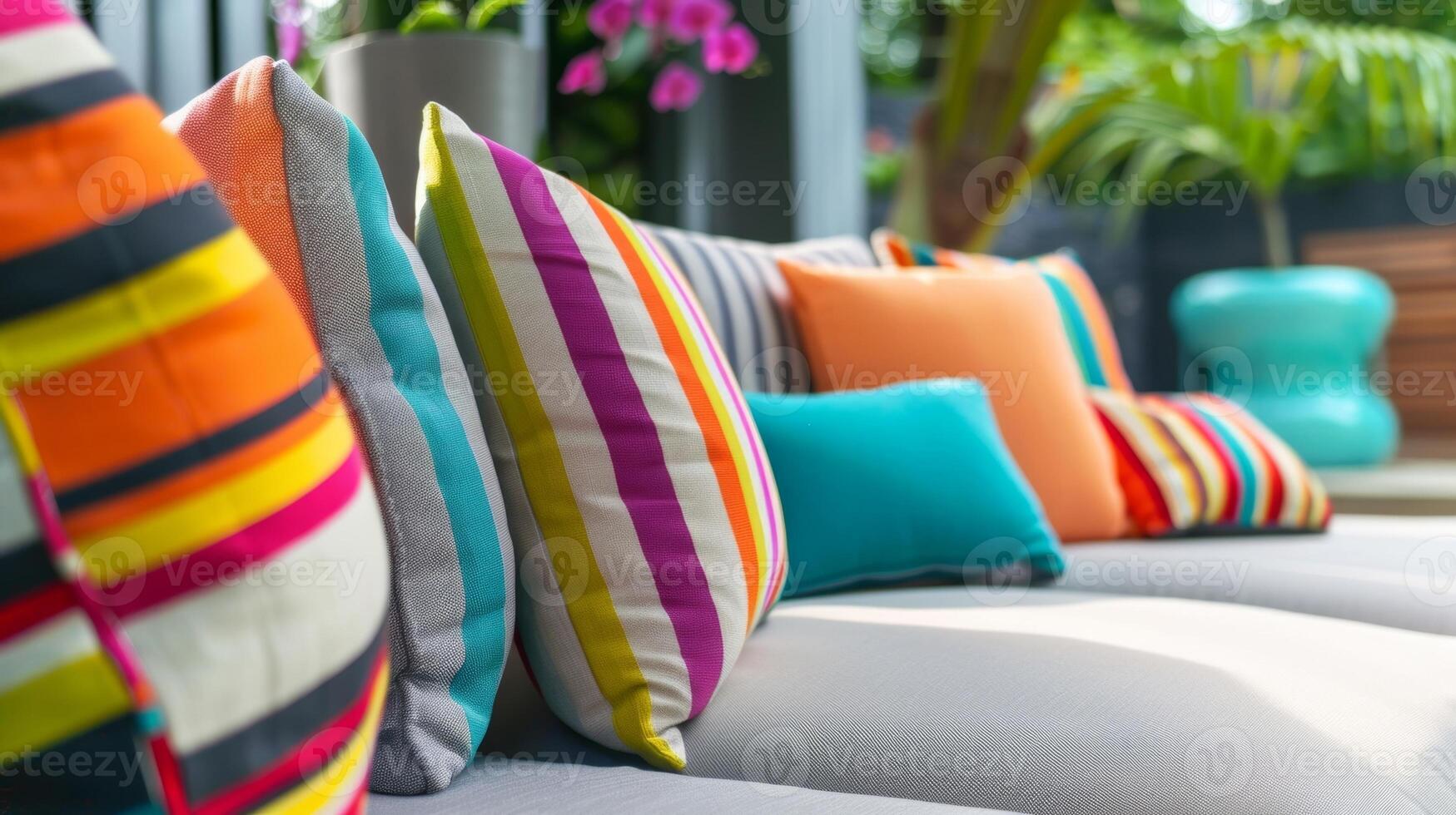A lively and welcoming outdoor sitting space boasting a mix of playful striped cushions in various sizes and colors creating a fun and dynamic atmosphere photo