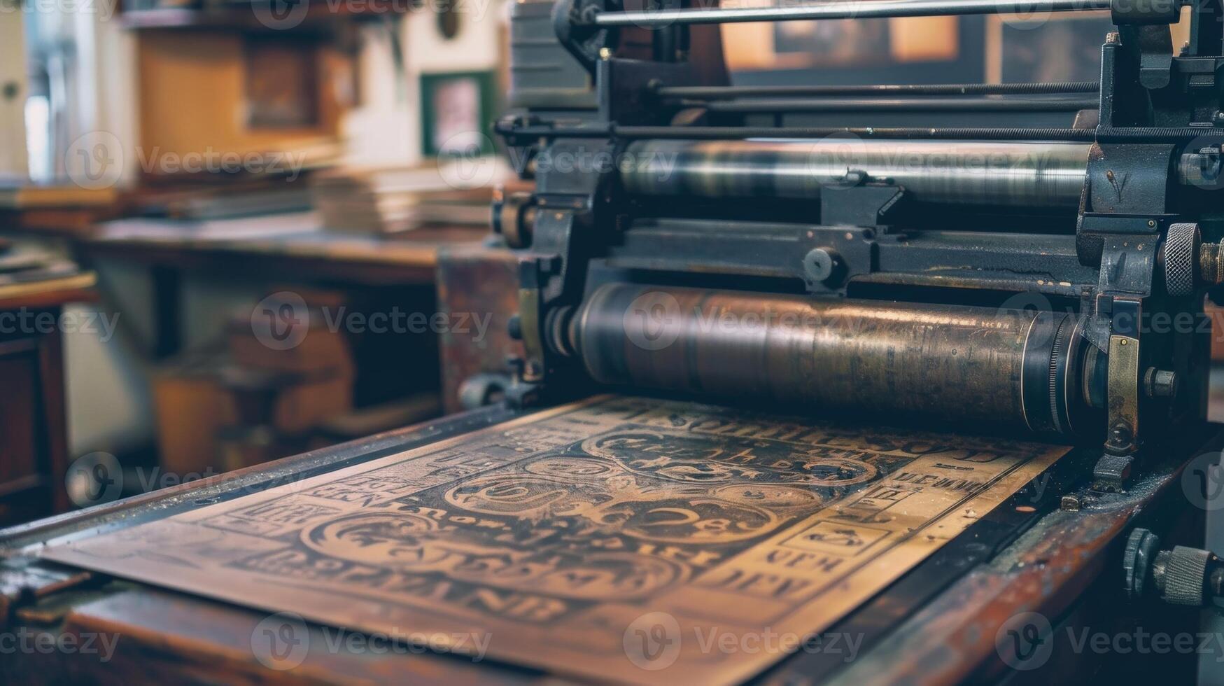 An oldfashioned letterpress machine sits on a worn wooden table neatly printing out vintageinspired posters featuring handdrawn illustrations photo