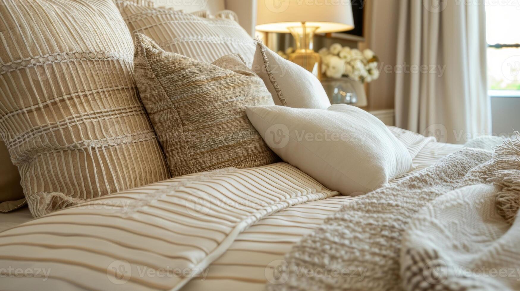 A contemporary take on a traditional striped bedroom with a mix of cream and beige tones in the bedding and walls accented by pops of gold in the furniture and accessories photo