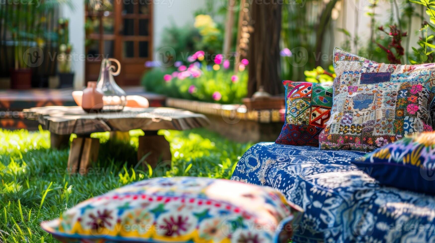 A whimsical seating area in the backyard with quirky patterned cushions and eclectic wooden furniture. Perfect for leisurely afternoons and lively conversations with friends photo