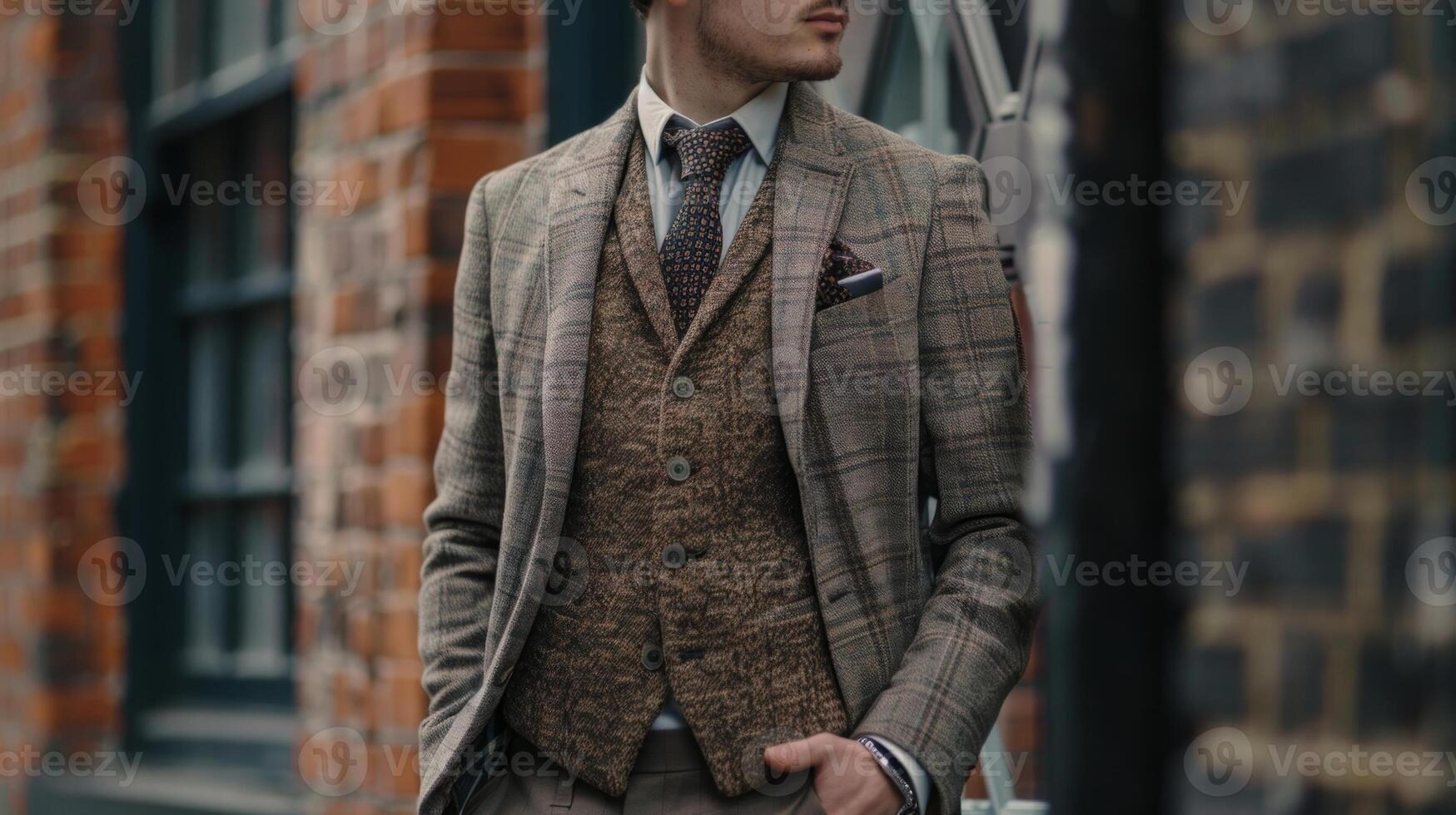 A timeless tweed blazer in muted tones of beige and brown perfect for adding a touch of class to any outfit photo