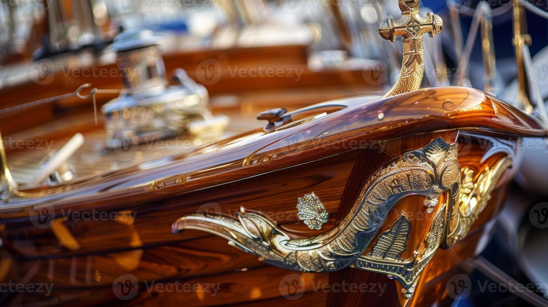 A closeup shot of a shiny wooden anchor on a classic sailing yacht adorned with intricate detailing and a gold finish photo