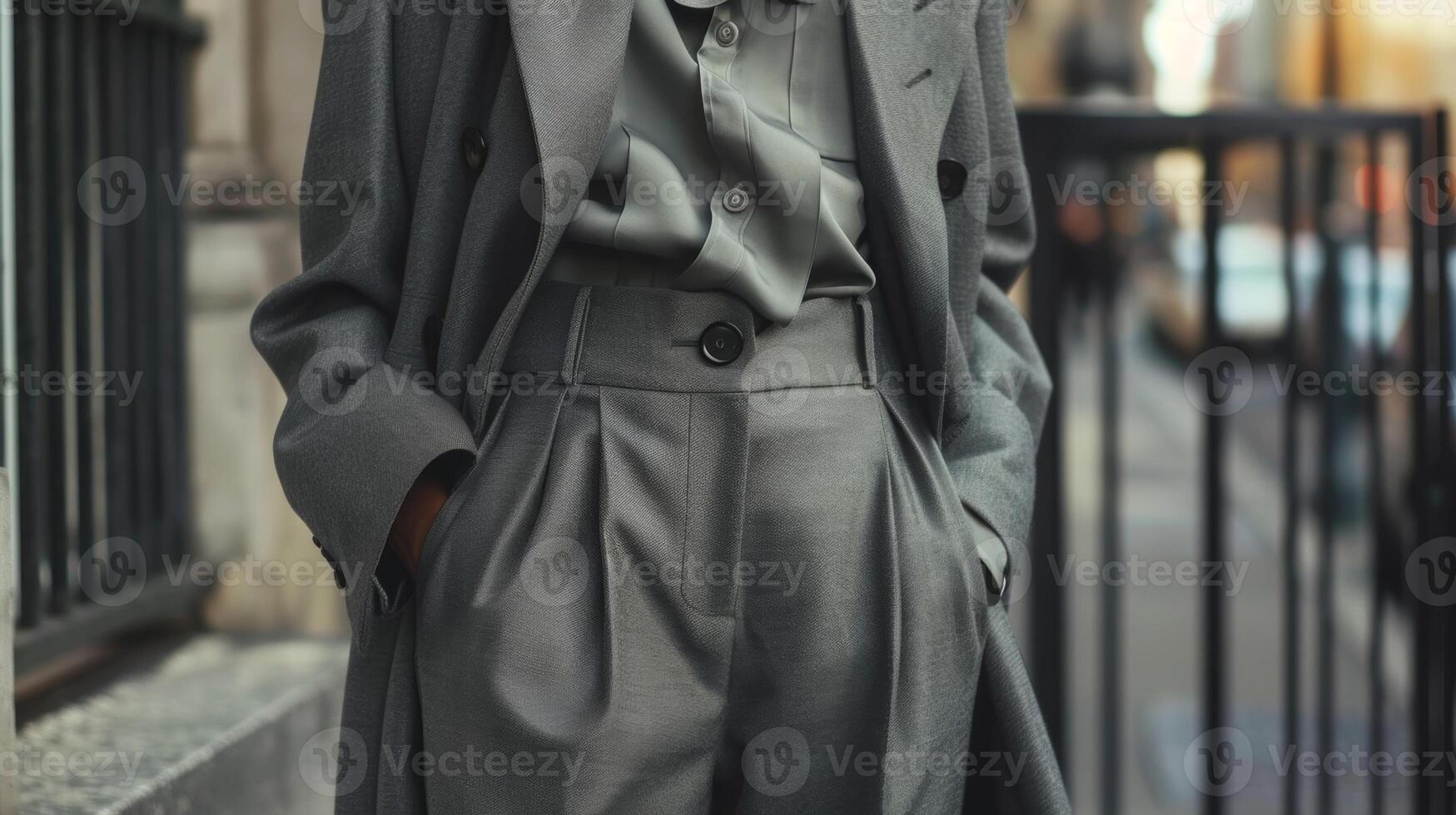 A chic and sophisticated allgrey outfit consisting of a buttonup blouse wideleg pants and a tailored coat. The monochrome color scheme adds to the overall polished and elegant look photo