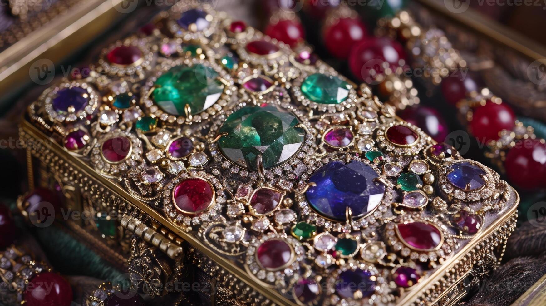 A vintageinspired jewelry box adorned with ornate details holding an array of sparkling sapphires rubies and emeralds photo