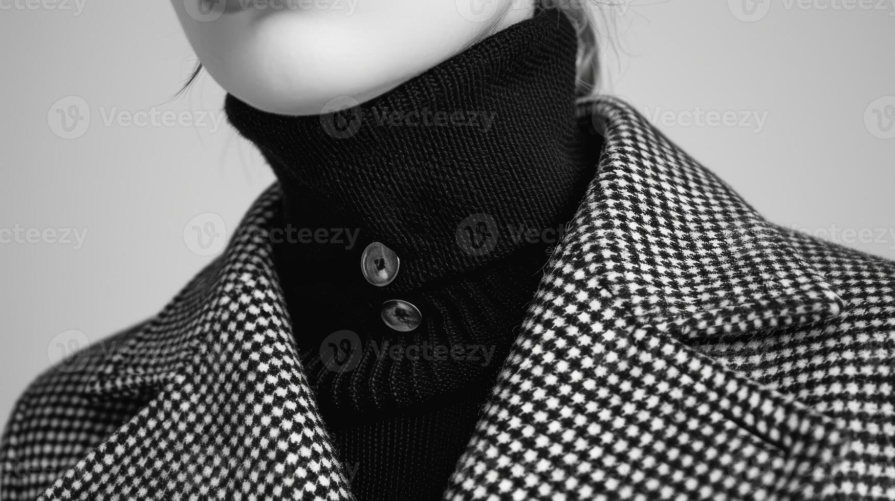 A black and white houndstooth check coat paired with a simple turtleneck and pencil skirt. The monochrome scheme adds a touch of elegance to this timeless print photo