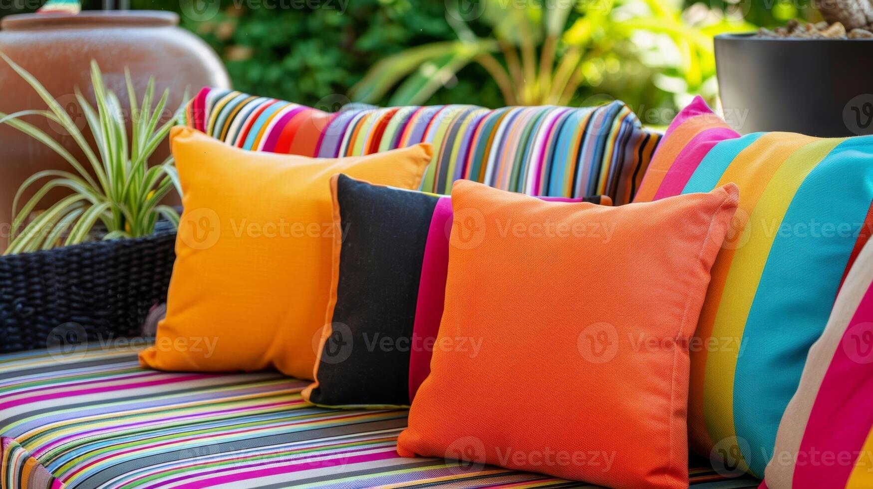 A fun and inviting outdoor lounge with a mix of colorful striped cushions and funky throw pillows. The perfect blend of comfort and style photo