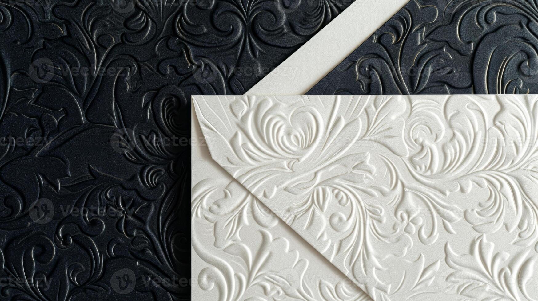 A minimalist yet opulent black and white envelope featuring a pattern of intricate embossed flourishes perfect for mailing out special announcements photo
