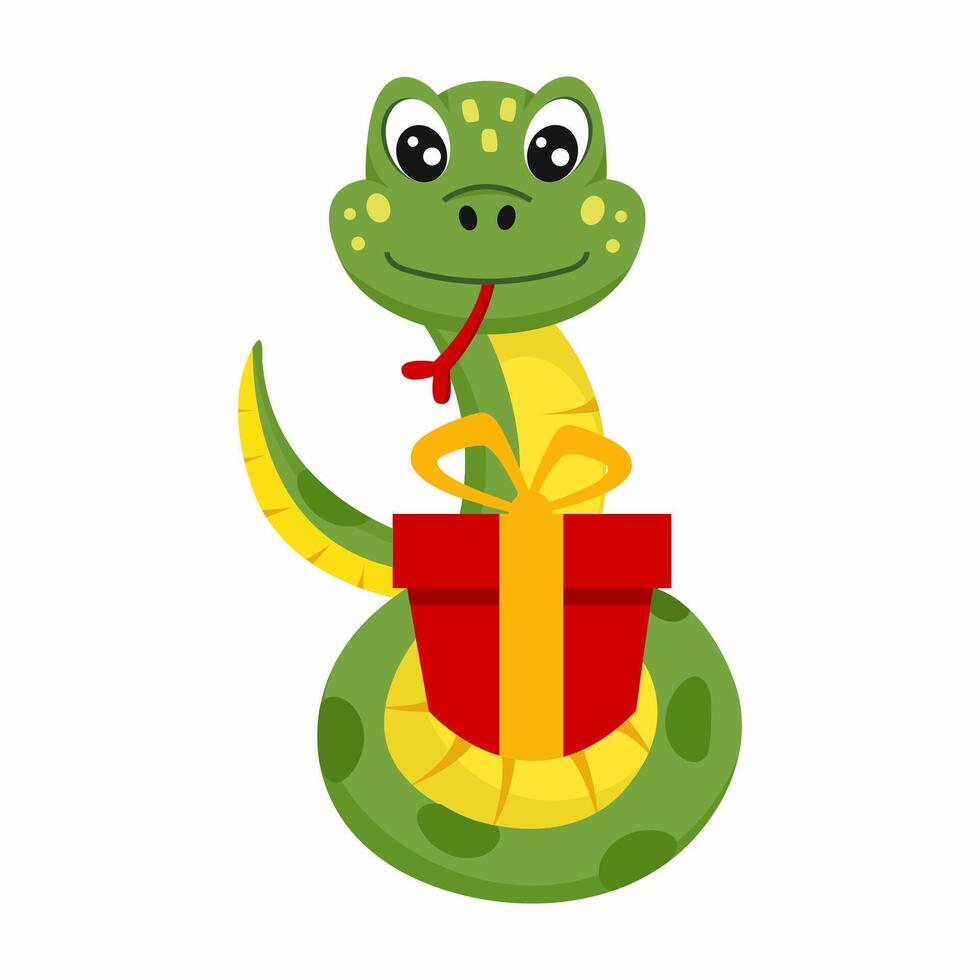 Cute snake and gift. Symbol of new year 2025. Illustration for decoration of postcard. vector