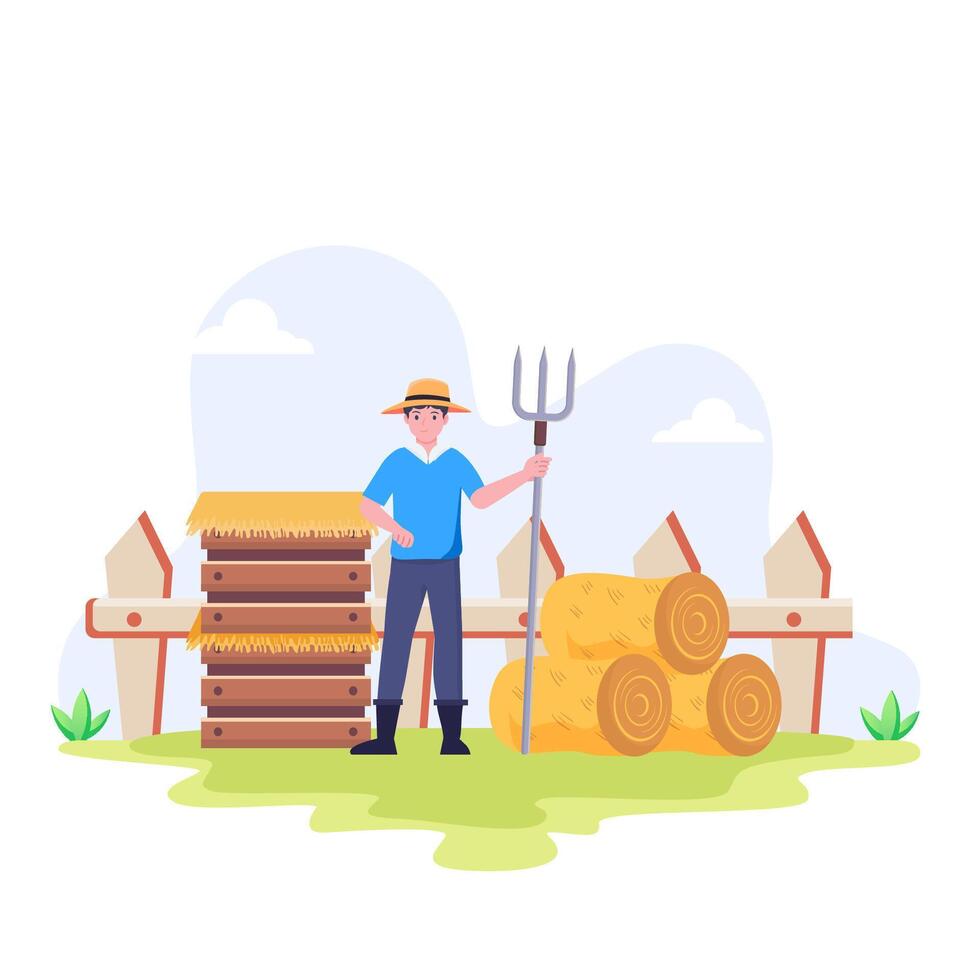 Garden, farm and ranch. man tending garden illustration, vector