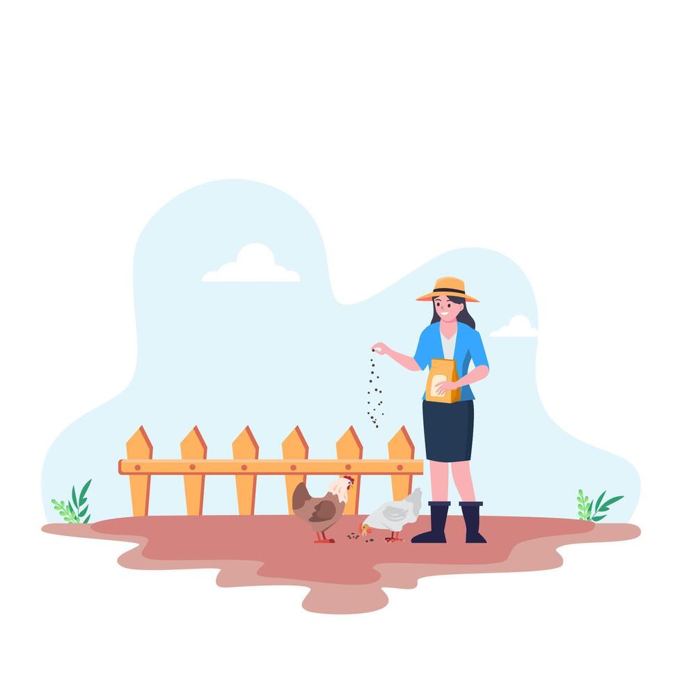 Illustration of a Farmer Girl feeding the chicken with feeds. vector