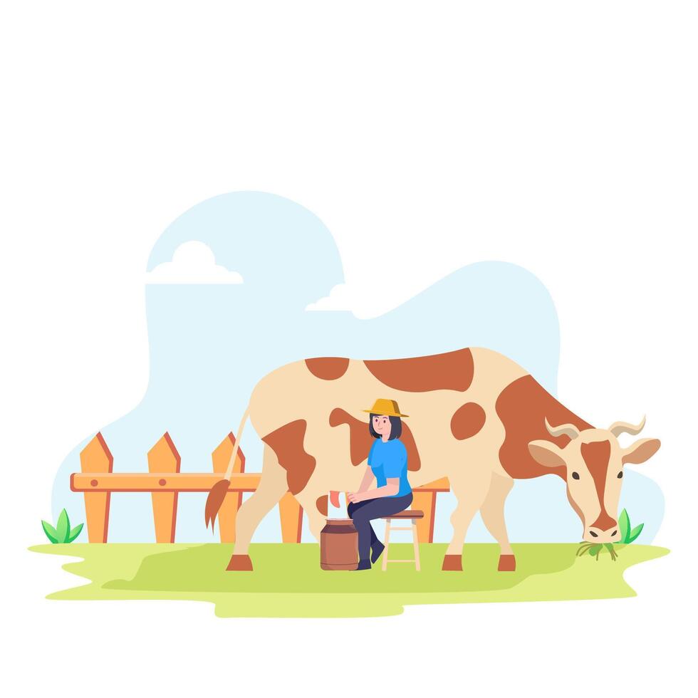 Woman agricultural worker cow milking with bucket full of milk flat illustration vector