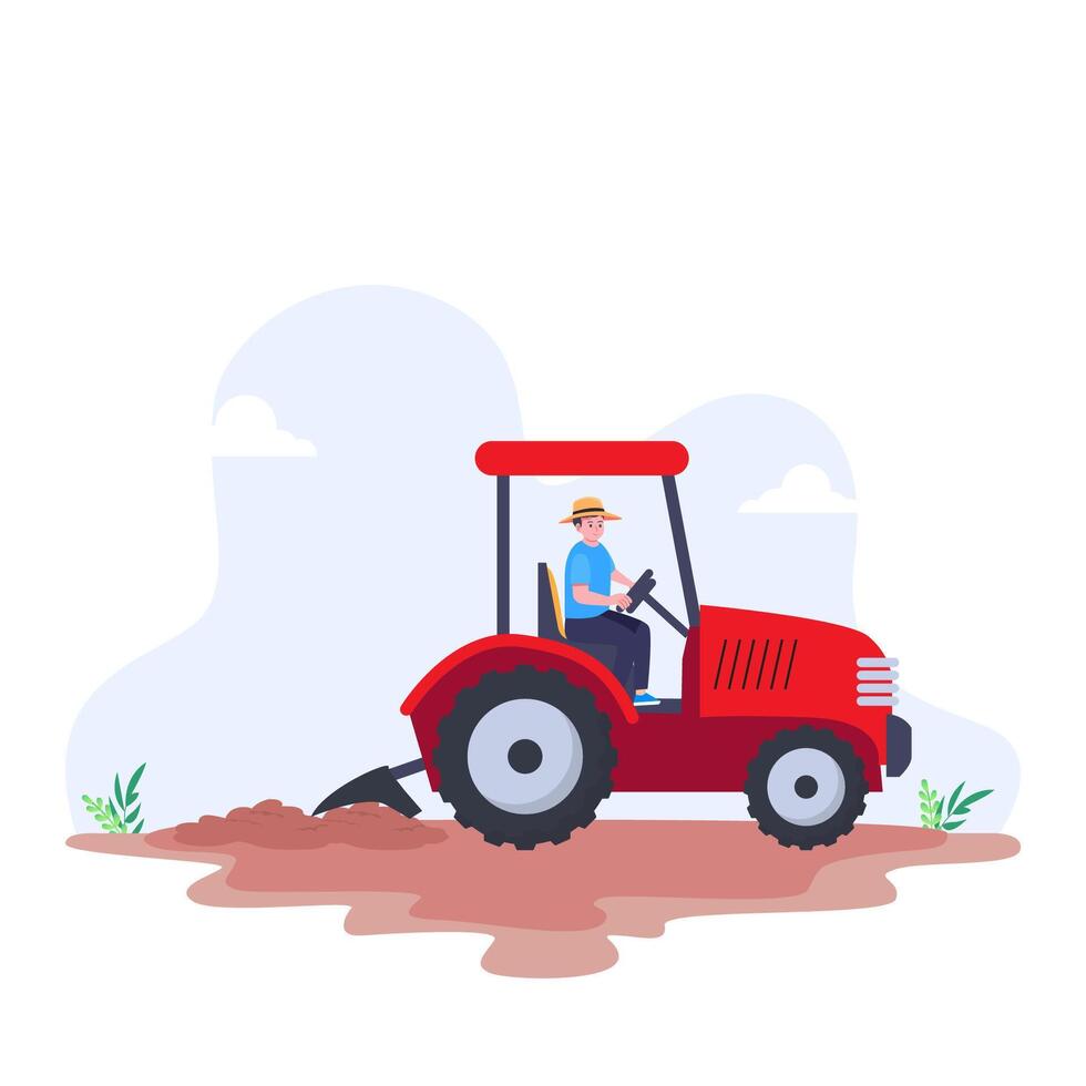 Illustration of a farmer driving a tractor in a field, vector