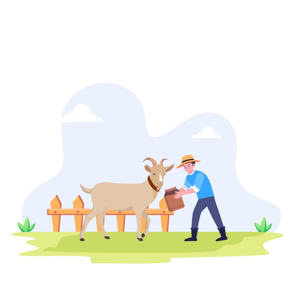 Farmer feeding farm animals, Flat cartoon illustration. vector