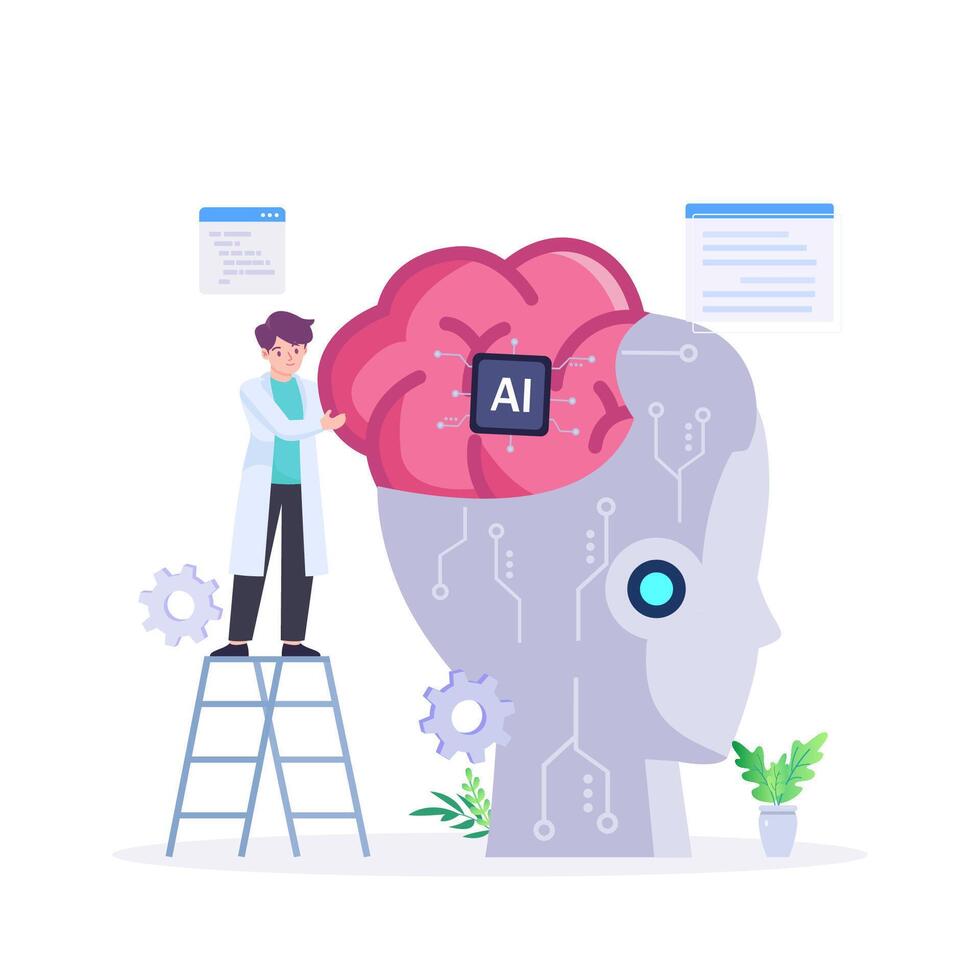 Scientist developing artificial intelligence robot illustration vector