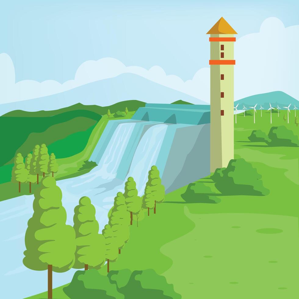 Harnessing Nature's Power, Hydropower and Wind Energy at the Foot of Green Mountains vector