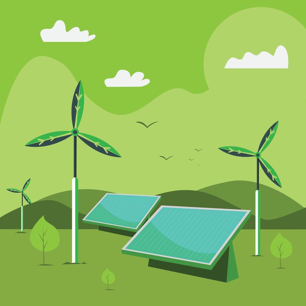 Illustration of a renewable energy landscape featuring wind turbines solar panels mountains and trees vector