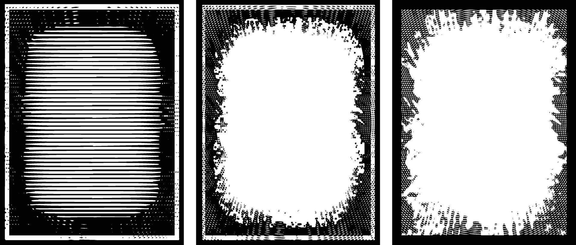 three black and white vertical vintage grunge frame banners with a white border, a set of four square frames with grunge paint, square frames with grunge texture , black and white frame set vector