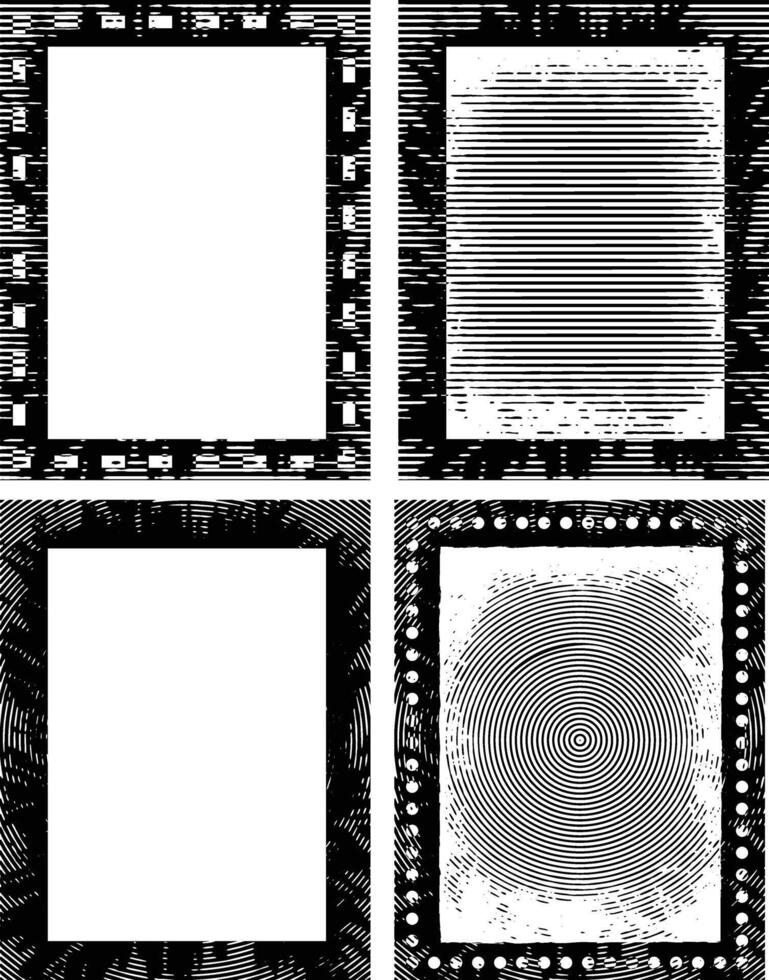 four black and white grunge frames with a square in the middle, four square frames with grunge texture , vector