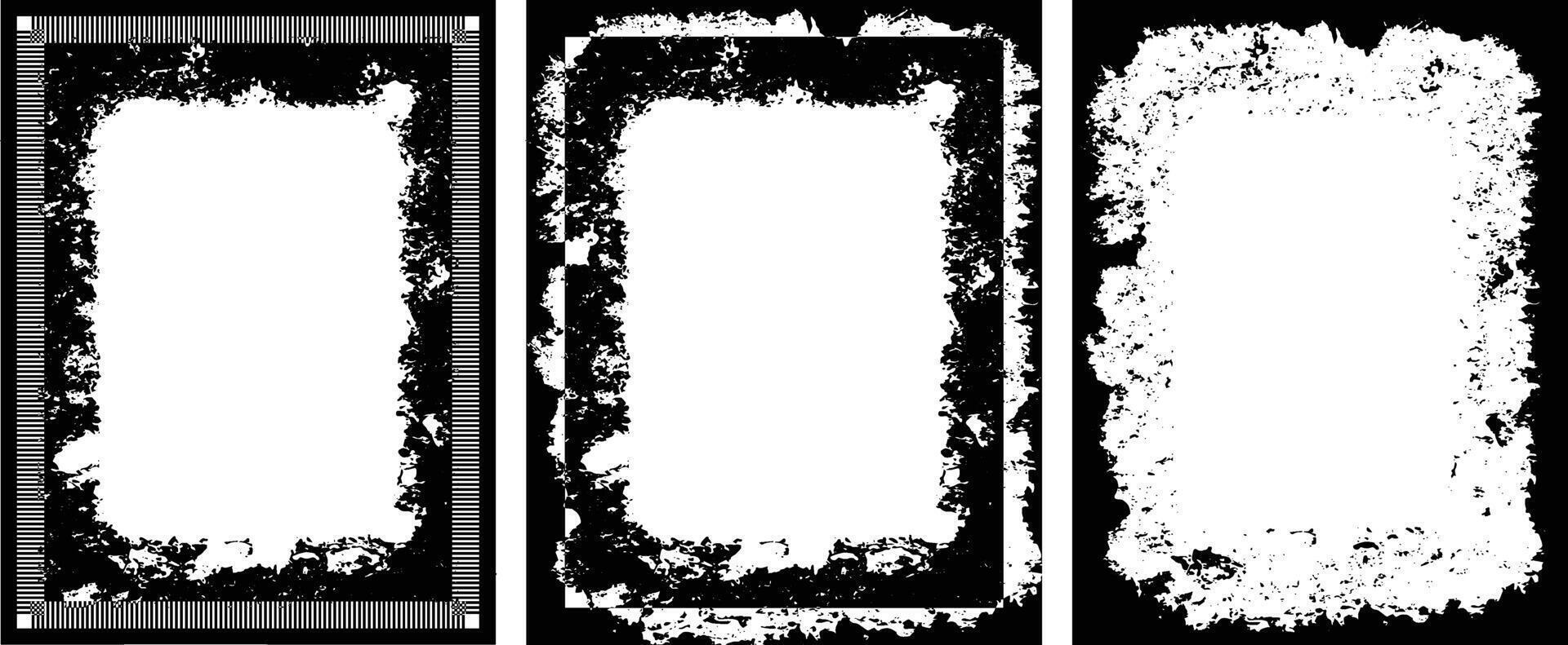 three black and white vertical vintage grunge frame banners with a white border, a set of four square frames with grunge paint, square frames with grunge texture , black and white frame set vector