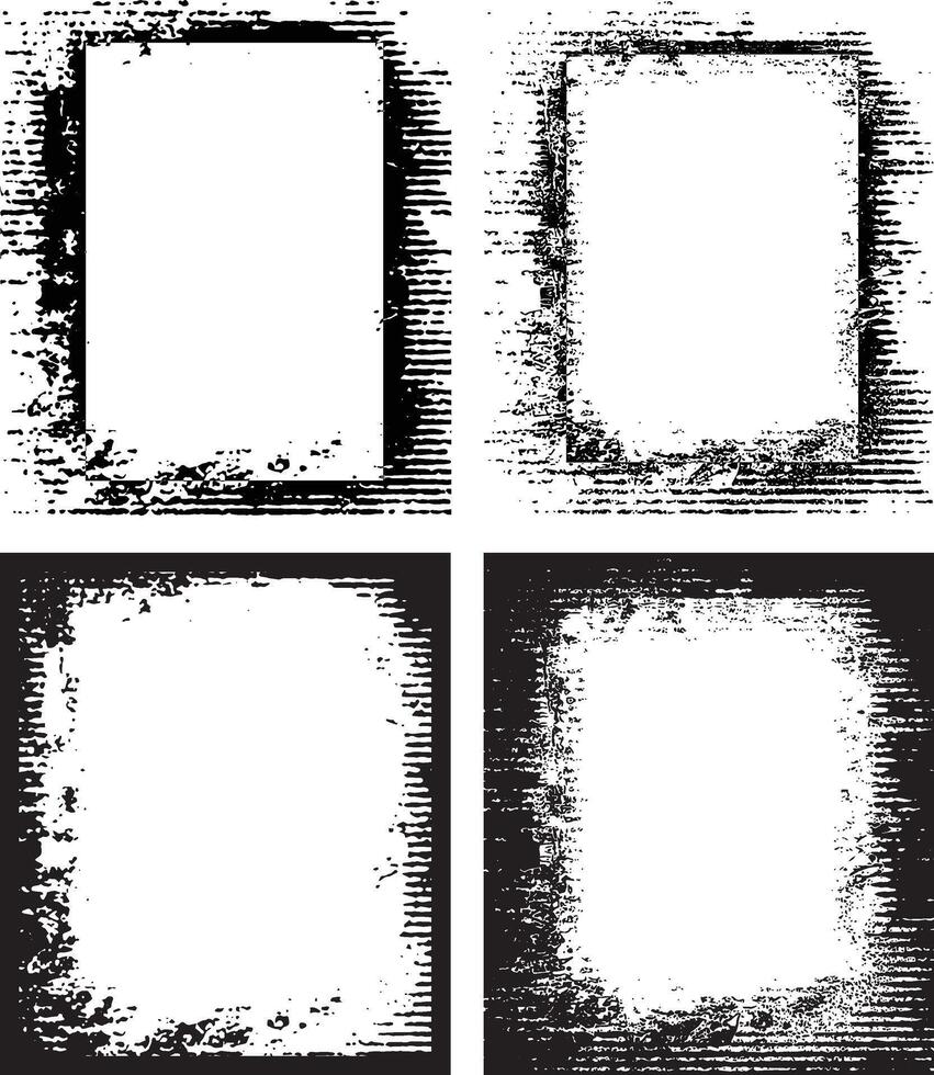 four black and white grunge frames with a square in the middle, four square frames with grunge texture , vector