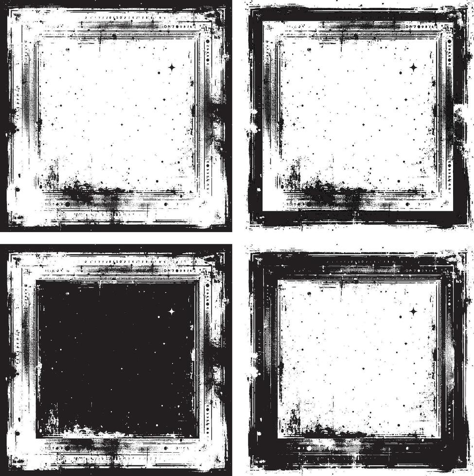 four square frames with grunge paint on them, black and white frame, set of grunge frames, ,grunge frame set, vector