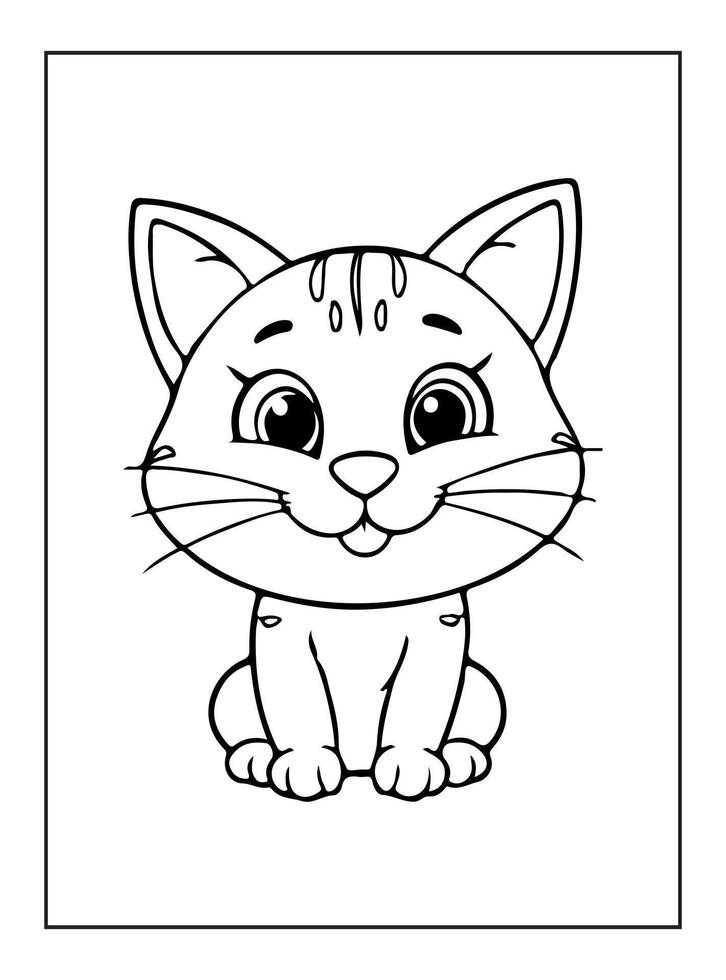 Simple coloring page for kids featuring a smiling cat, a black and white design and no shading. vector