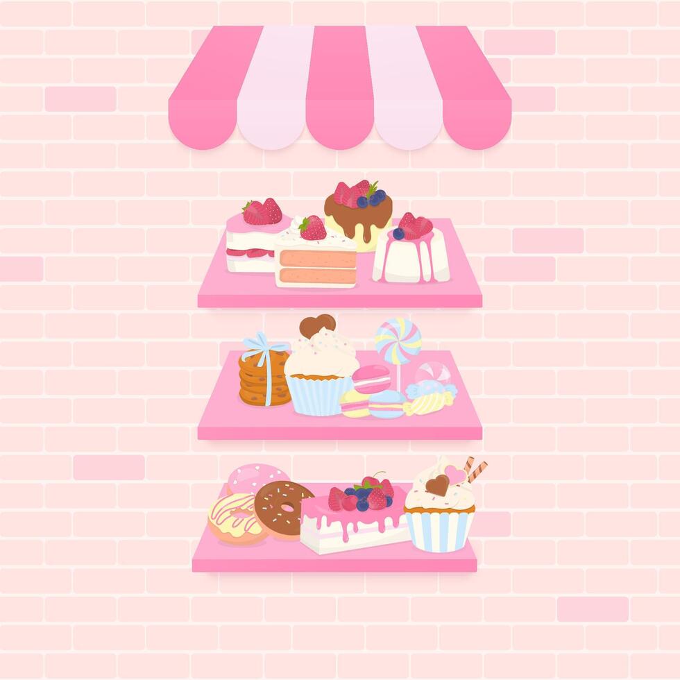 Sweet bakery shop on brick wall background vector