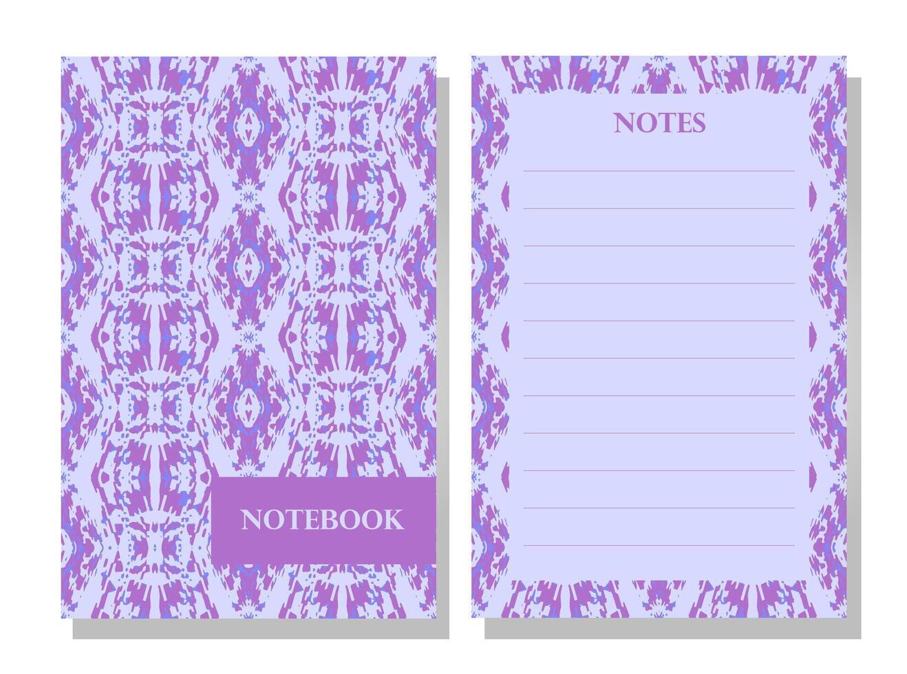 Notebook cover and notepad design. Seamless geometric abstract ethnic pattern. Blue and purple hues. Traditional textile-inspired style. Visually striking and bold. Pattern for fabric, stationery. vector