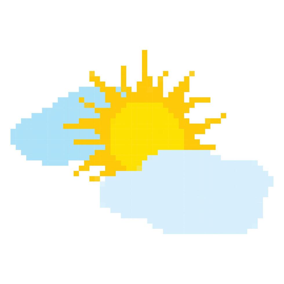 Retro game aesthetic. Sun peeking behind clouds. Early game vibes.Pixelated sun with jagged rays. Bright yellow sun with retro design. Light blue pixelated clouds. Simple nostalgic style. vector