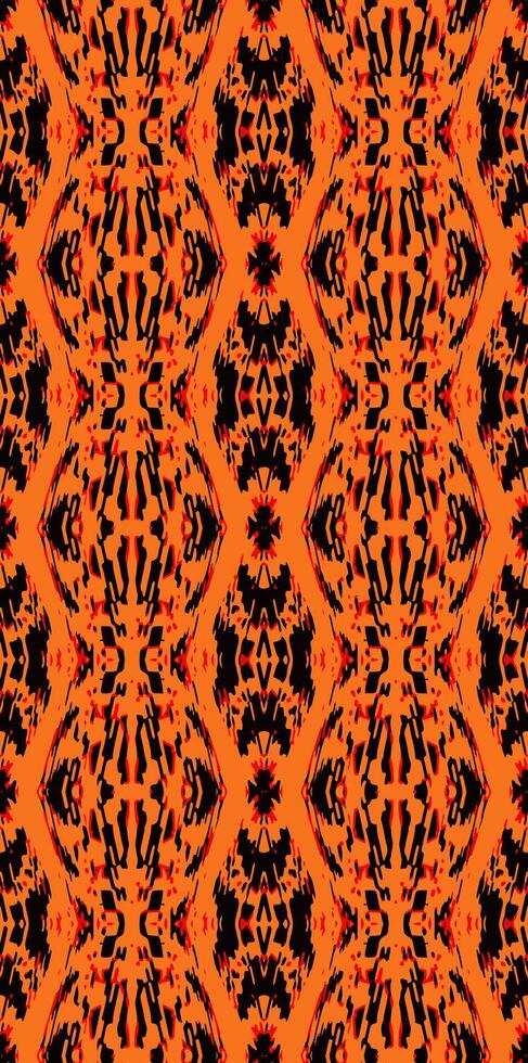 Seamless pattern. Geometric shapes. Abstract motifs. Vibrant colors. Orange and black hues. Intricate details. Symmetrical design. Modern aesthetic. Traditional influences. Bold and eye-catching. vector