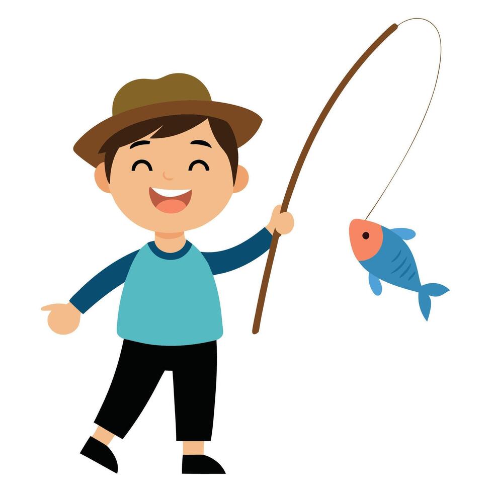 happy boy catching fish vector