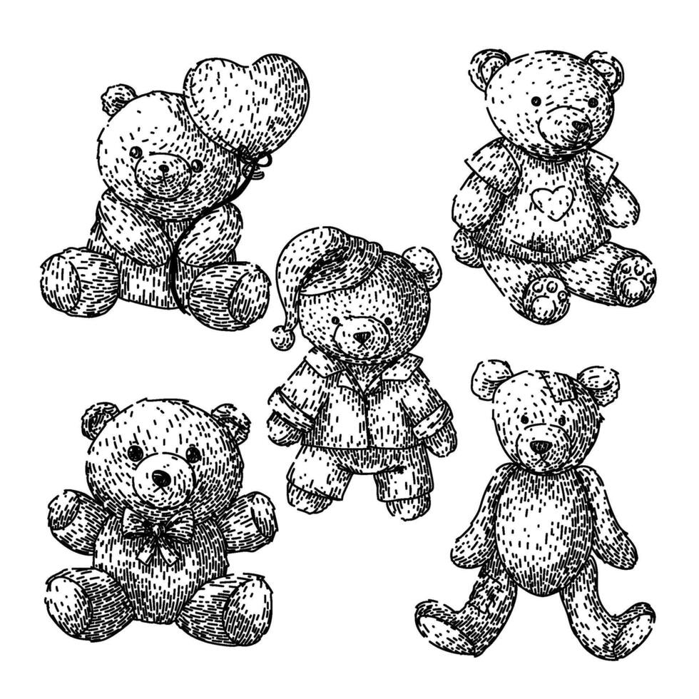teddy bear set sketch hand drawn vector
