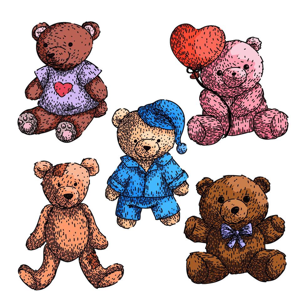 teddy bear set sketch hand drawn vector