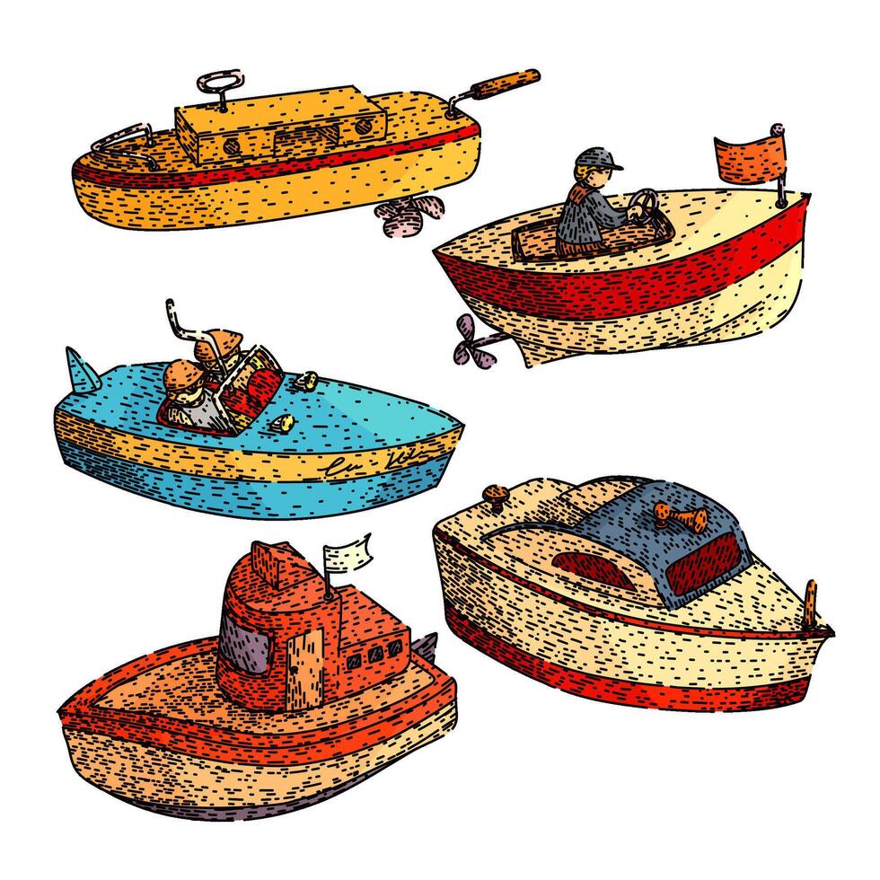 toy boat set sketch hand drawn vector