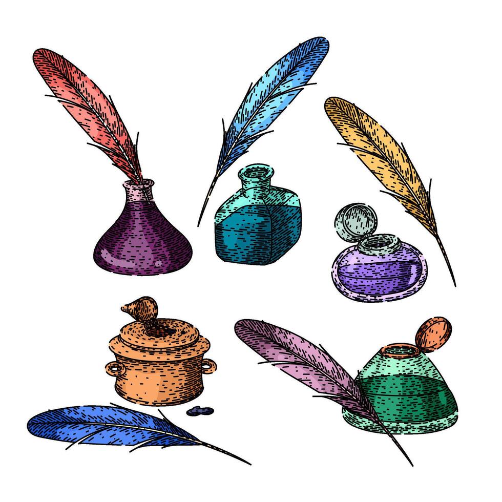 inkwell set sketch hand drawn vector