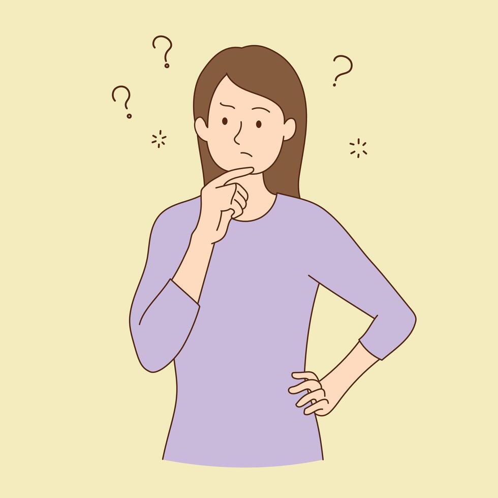 Thinking woman feeling confused with question mark looking up with thoughtful focused expression concept illustration vector